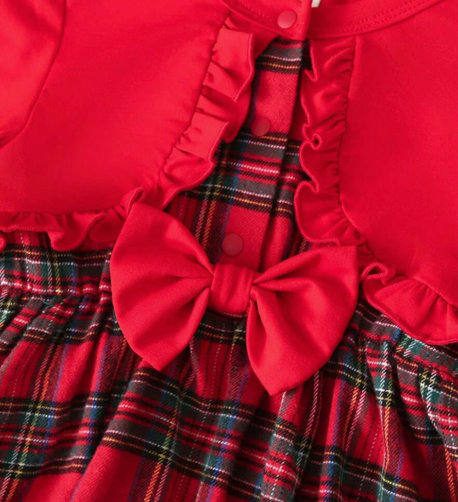 Vestido de cuadros rojo, chaleco rojo